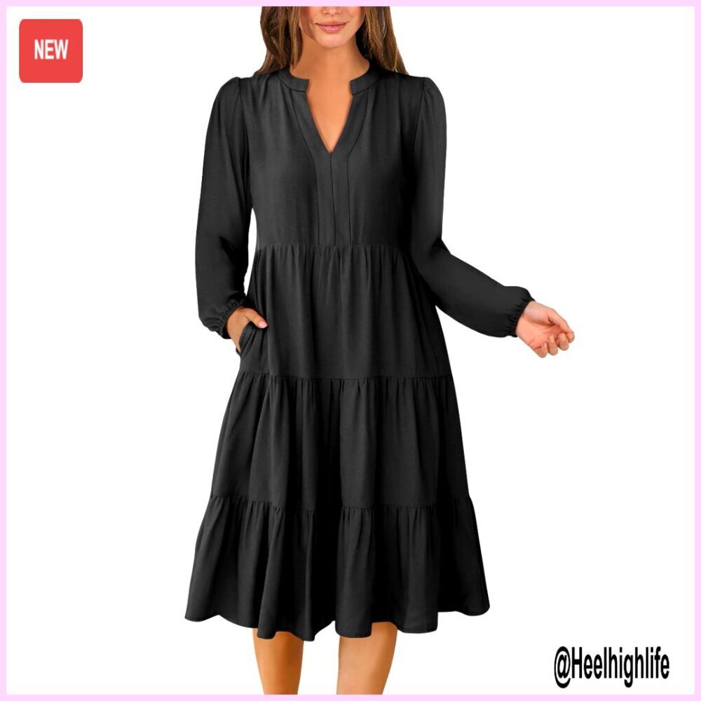 Long Sleeve Midi Dress Loose Fit V Neck Boho Tiered Flowy Swing Casual